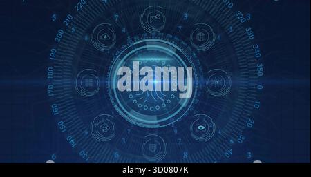 Visualizzazione di anelli concentrici illuminati sullo scanner di impronte digitali circolare sulla griglia blu, con icone di sicurezza Foto Stock