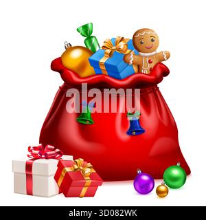 Un grande sacco di Babbo Natale rosso lucido pieno di scatola regalo natalizia con un fiocco d'oro, un sorridente uomo di pan di zenzero, una caramella verde e una pallina dorata. Su bianco Illustrazione Vettoriale