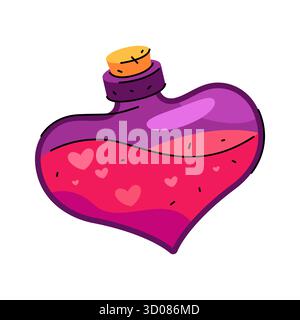 Pozione d'amore nel pallone a forma di cuore. Bevanda incantata vettoriale in fiasca o elisir magico in recipiente di vetro. Attrazione romantica o affetto, icona della passione. Magia e fantasia, incantesimo rituale di alchimia. Mistica. Illustrazione Vettoriale
