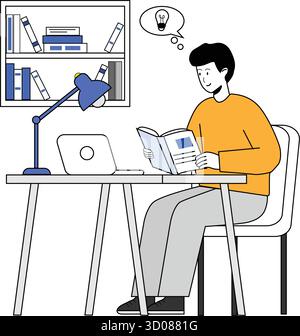 Un giovane che legge un libro alla sua scrivania con un portatile e una lampada, rappresentando studio, apprendimento, creatività e concentrazione in uno spazio di lavoro moderno Illustrazione Vettoriale