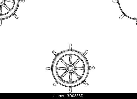 Struttura senza cuciture con volanti Ship S. Grafica in bianco e nero, illustrazioni vettoriali disegnate a mano. Per giochi e feste per bambini. Per Illustrazione Vettoriale