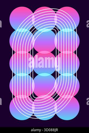 Tavolozza al neon con una griglia di cerchi sfumati su uno sfondo scuro avvolto da linee parallele e arrotondate bianche in un grande ovale. Illustrazione Vettoriale