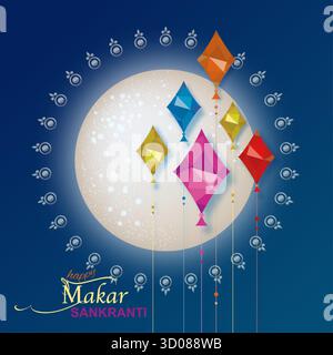 Happy Makar Sankranti tradizionale Indian Festival, gruppo di aquiloni colorati che volano cielo blu sulla luna. Design striscioni, festività indù del raccolto, celebrato Illustrazione Vettoriale