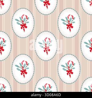 Motivo a canna di caramelle natalizie senza cuciture Coquette Style con cornice su sfondo a righe. Carina illustrazione vettoriale Illustrazione Vettoriale
