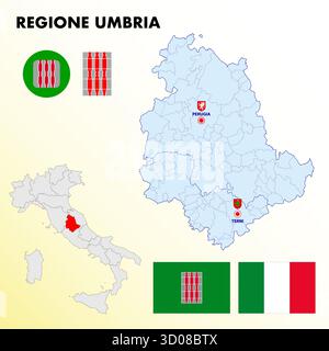 Umbria, Italia, mappa regionale e simboli della regione e delle città, illustrazione vettoriale Illustrazione Vettoriale