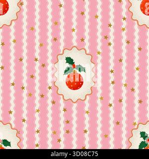 Motivo natalizio senza cuciture Coquette Style con decorazioni in cornici su sfondo a righe. Carina illustrazione vettoriale Illustrazione Vettoriale