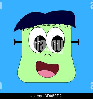 Una divertente versione cartoni animati del mostro di Frankenstein, con una faccia verde, occhi larghi e bulloni. Ideale per decorazioni di Halloween, inviti a feste o a tema Illustrazione Vettoriale