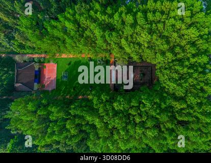 Vista aerea della pagoda Thien Mu a Hue, Vietnam, una delle antiche pagoda della città di Hue. Si trova sulle rive del fiume Huong. Posto bellissimo e.. Foto Stock