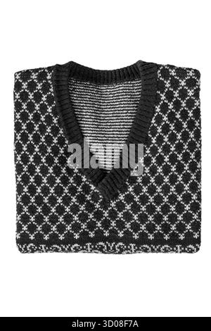 Gilet in maglia di lana nera e bianca ripiegato isolato su bianco Foto Stock
