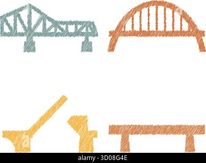 Una collezione di ponti semplificati in colori terrosi mette in risalto archi e campate a sbalzo e incroci compatti Illustrazione Vettoriale