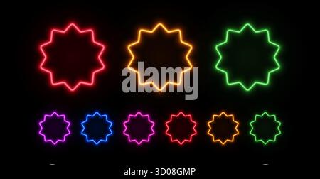 Adesivo con stella rotonda al neon. Badge a forma di cerchio per i prezzi. Set di bordi bagliore retrò LED. Illustrazione Vettoriale
