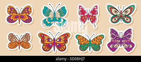 Set di adesivi per farfalla retrò Groovy Illustrazione Vettoriale