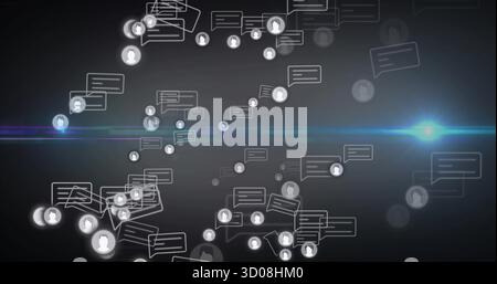 Visualizzazione di bolle di chat e icone di avatar circolari che si spostano nello spazio digitale, con riflessi dell'obiettivo blu Foto Stock