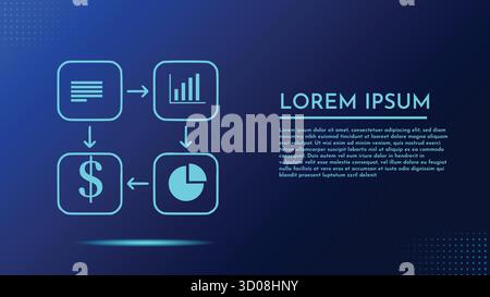 Icone di contorno per il documento diagramma di flusso dei processi aziendali, grafico a barre, simbolo del dollaro, grafico a torta con testo Lorem Ipsum su sfondo blu Illustrazione Vettoriale