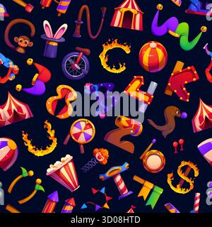 Carattere del circo cartoni animati e carattere carnevalesco motivo senza cuciture, sfondo vettoriale. Schema delle lettere del circo di grande tenda superiore, clown e cannone con coniglietto in cappello mago con anello di fuoco e scimmia divertente Illustrazione Vettoriale