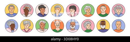 Set di avatar di persone anziane sorridenti e felici. Ritratti personaggi vecchi e donne line doodle set. Gioia della risata, sorriso adulti anziani diverse nazionalità sesso maschile cerchia femminile vettoriale di avatar web Illustrazione Vettoriale