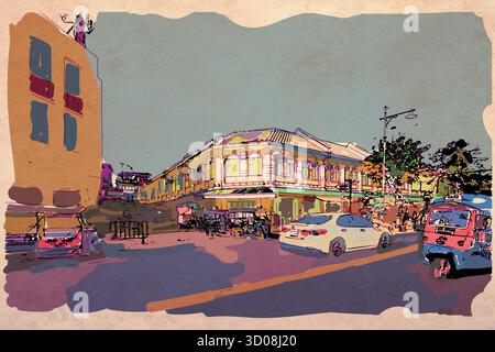 Pittura digitale impressionista, scena di strada nella città vecchia di Bangkok, Thailandia, immagine vettoriale Illustrazione Vettoriale