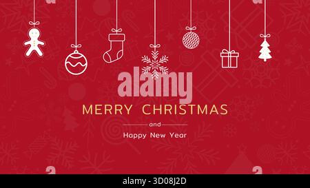 Elegante biglietto d'auguri di Natale rosso con icone natalizie appese e testo dorato "buon Natale" e "felice anno nuovo", illustrazione vettoriale Illustrazione Vettoriale
