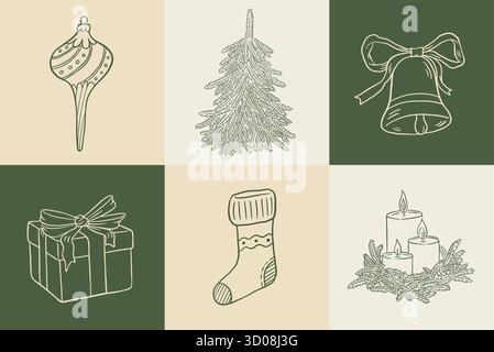 Set di decorazioni natalizie vintage disegnate a mano. Doodle Xmas Tree, Bauble, calza, confezione regalo, candela, illustrazione del vettore di campana. Biglietto di auguri di Capodanno, poll Illustrazione Vettoriale