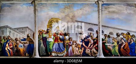 David accompagna il trasporto dell arca dell alleanza stanza dell'Arca a Palazzo Pitti Firenze Italia da Giovanni Battista Caracciolo (Battistello) 1578-1635 del xvii secolo . Nel 1816, il soffitto è stato affrescato da Luigi Ademollo 1764 - 1849 con Noè entrando in Gerusalemme con l'arca. (L'arca del patto - Arca della Testimonianza ) è un oro-coperto cassa di legno con coperchio descritto nel libro dell Esodo come contenente le due tavolette di pietra dei Dieci Comandamenti. Foto Stock