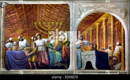 La Menorah nella sala dell'Arca Palazzo Pitti Firenze Italia di Giovanni Battista Caracciolo (Battistello) 1578–1635 XVII secolo . Nel 1816, il soffitto fu affrescato da Luigi Ademollo 1764 - 1849 con Noè che entra a Gerusalemme con l'Arca dell'Alleanza (Arca della testimonianza). È un petto in legno rivestito d'oro con coperchio descritto nel Libro dell'Esodo come contenente le due tavolette in pietra dei dieci Comandamenti. Foto Stock