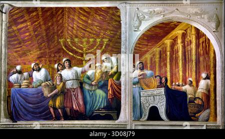 La Menorah nella sala dell'Arca Palazzo Pitti Firenze Italia di Giovanni Battista Caracciolo (Battistello) 1578–1635 XVII secolo . Nel 1816, il soffitto fu affrescato da Luigi Ademollo 1764 - 1849 con Noè che entra a Gerusalemme con l'Arca dell'Alleanza (Arca della testimonianza). È un petto in legno rivestito d'oro con coperchio descritto nel Libro dell'Esodo come contenente le due tavolette in pietra dei dieci Comandamenti. Foto Stock