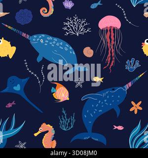 Colorato motivo vettoriale senza cuciture con narvali, meduse, cavallucci marini, pesci tropicali, conchiglie e coralli su sfondo scuro, perfetto per tessuti per bambini, carta da imballaggio, sfondi e disegni estivi. Illustrazione Vettoriale
