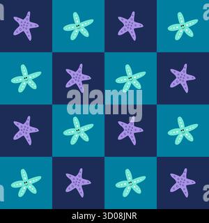 Motivo marino a scacchi senza cuciture con quadrati di blu chiaro e scuro decorati con stelle marine viola e blu, perfetto per tessuti estivi, accessori da spiaggia, carte da parati e progetti a tema nautico. Illustrazione Vettoriale