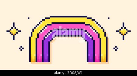 Pixel Y2K arcobaleno festivo e stelle luminose intorno. Illustrazione Vettoriale