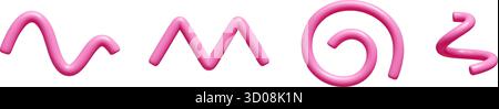 Set per scarabocchi 3d rosa lucido con forme ondulate, zigzag, a spirale e curve. Illustrazione Vettoriale
