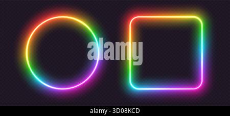 Cornici luminose al neon, effetto cerchio arcobaleno ed effetto di luce quadrata, bordi luminosi illuminati. Illustrazione Vettoriale