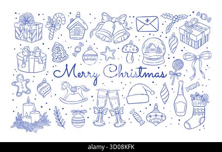 Set di elementi decorativi natalizi vintage, bevanda, confezione regalo, candele, calza di Natale, illustrazione vettoriale dei dolci. Doodle Capodanno Clipart. R Illustrazione Vettoriale