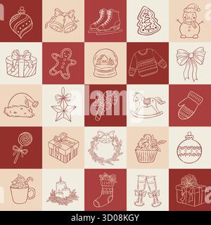 Motivo senza cuciture con elementi natalizi retrò disegnati a mano. Ornamenti natalizi vintage, illustrazione vettoriale. Calendario dell'avvento delle vacanze invernali a Doodle. Felice nuova Yea Illustrazione Vettoriale