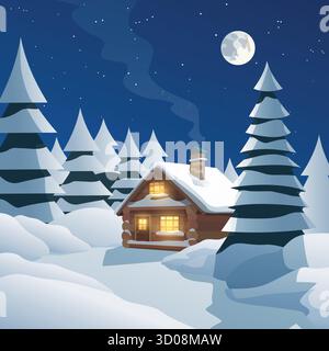 un'accogliente cabina invernale sotto la luna piena Illustrazione Vettoriale