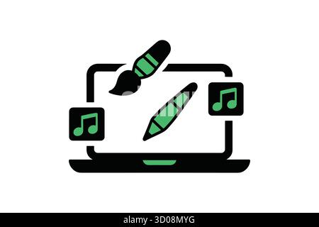 Computer portatile creativo per l'illustrazione di icone vettoriali per la produzione di arte digitale e musica Illustrazione Vettoriale
