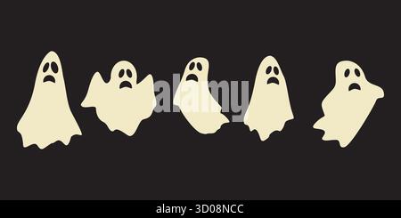 Set di simpatici disegni illustrativi fantasmi di halloween, vettoriale piatto di modelli della collezione di elementi fantasmi di halloween Illustrazione Vettoriale
