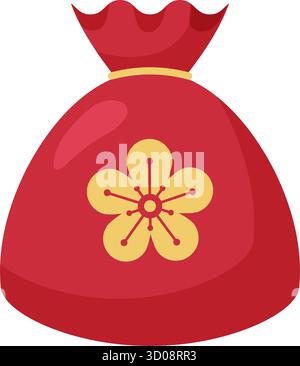 Borsa portafortuna rossa con un emblema di fiori dorati, che simboleggia ricchezza e prosperità. Ideale per Capodanno cinese, festival e design finanziari. Illustrazione Vettoriale
