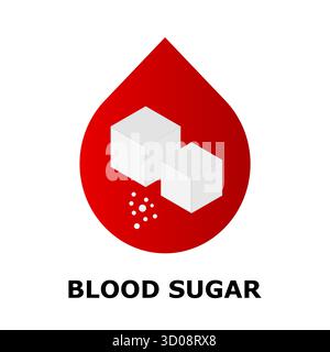 Livello di zucchero nel sangue. Goccia rossa con cubetti di zucchero. Concetto di controllo del glucosio. Iperglicemia e ipoglicemia. Idea di consapevolezza del diabete. Nutrizione sana Illustrazione Vettoriale