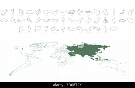 Delineare le mappe dei paesi asiatici con una mappa Asia World evidenziata. Illustrazione vettoriale. Illustrazione Vettoriale