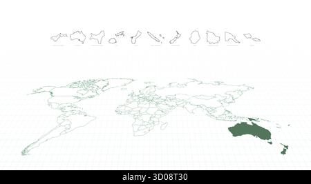 Delineare le mappe dei paesi dell'Oceania con una mappa del mondo dell'Oceania evidenziata. Illustrazione vettoriale. Illustrazione Vettoriale