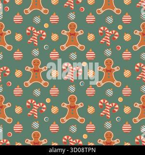 Motivo senza cuciture a tema natalizio con gingerbread, bastoncini di caramelle e ornamenti vettoriali Illustrazione Vettoriale