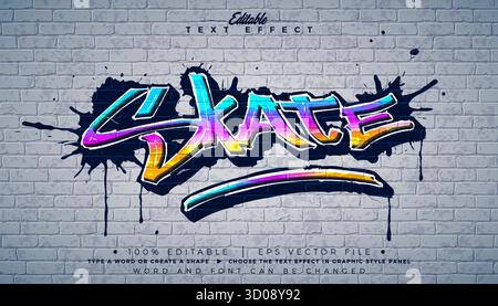 Design con effetto testo Skate Graffiti modificabile con coloratissimo carattere Street Art disegnato a mano Grunge su sfondo mattone. Illustrator vettoriale Illustrazione Vettoriale
