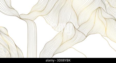 Paesaggio montano giapponese astratto in stile lineare dorato, cascata fluente e terreno geometrico. Elegante sfondo vettoriale orientale, lusso Illustrazione Vettoriale