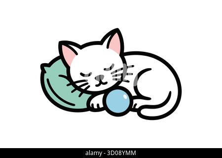 Gatto bianco addormentato con giocattolo e cuscino illustrazione semplice di cartone animato Illustrazione Vettoriale