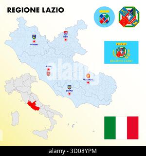 Lazio, Italia, mappa regionale e simboli della regione e delle città, illustrazione vettoriale Illustrazione Vettoriale