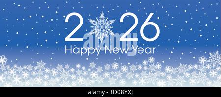 Modello felice anno nuovo 2026 con fiocchi di neve blu e bianchi e stelle su sfondo blu. Illustrazione Vettoriale