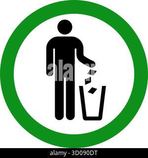 uomo che mette spazzatura nel cestino con il simbolo del cerchio verde icona logo vettore semplice isolato su sfondo trasparente Illustrazione Vettoriale