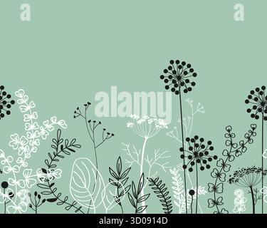 Confine perfetto con foreste di scarabocchi e prati. Sfondo floreale disegnato a mano per cornici, poster, cartoline per bambini, sfondi. Illustrazione vettoriale. Illustrazione Vettoriale