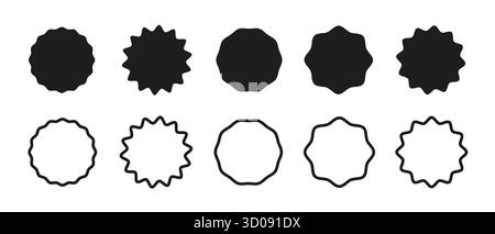 Badge piatti in promozione con bordi ondulati. Collezione di adesivi neri a forma di cerchio. Telai rotondi. Icone di vendita vuote. Tag per il prezzo a forma di stella Illustrazione Vettoriale