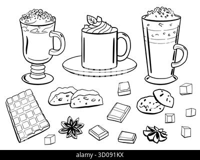 Bevanda natalizia alla menta piperita, cioccolato, biscotti. Dolcetti invernali stagionali, illustrazione vettoriale disegnata a mano. Bevande in bicchieri e tazze. Illustrazione Vettoriale